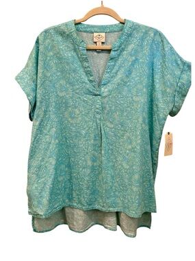 NWT Linen Cotton Blend Floral Short-Sleeve  V Neck Blouse Top Oversized Medium